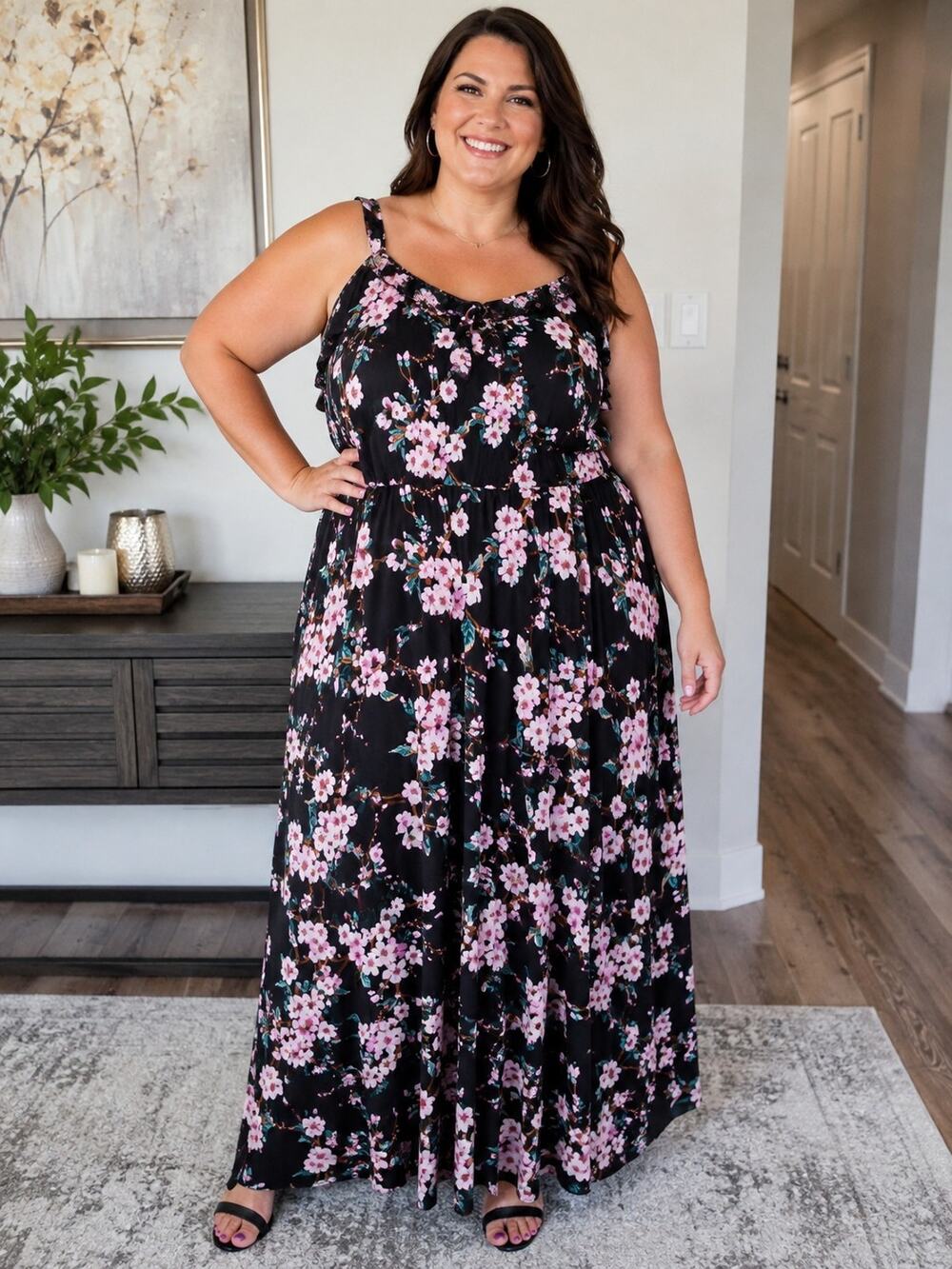 Roaman's Women's 40W Black Floral Maxi Dress Ruffle Plus Size Sleeveless 52"